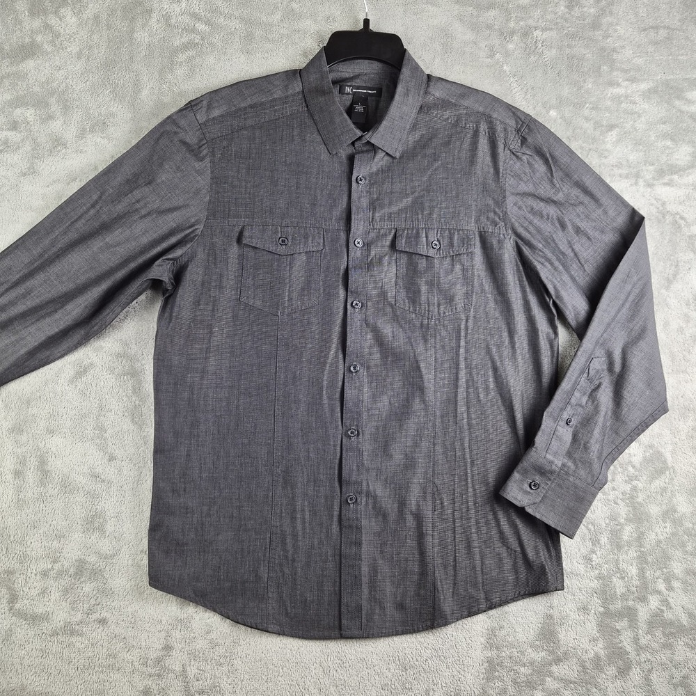 INC International Concept Shirt Mens Large Gray Dual Chest Pocket Long Sleeve